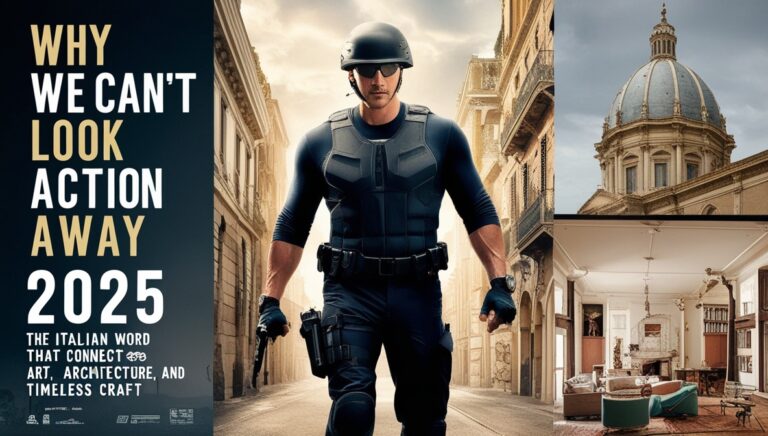 give me text and high graphics pic about "Why We Can't Look Away From Action Movies 2025 : The Italian Word That Connects Art, Architecture, and Timeless Craft"